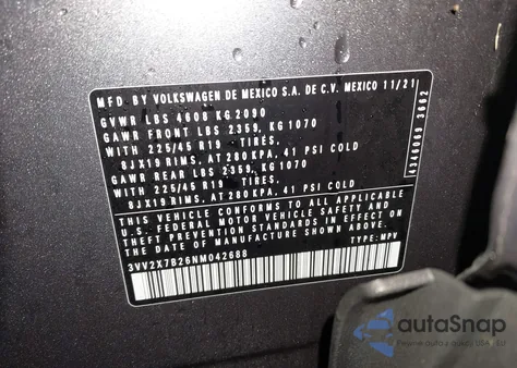 2022 Volkswagen Taos 1.5T Sel z USA, uszkodzony, nr VIN 3VV2X7B26NM042688